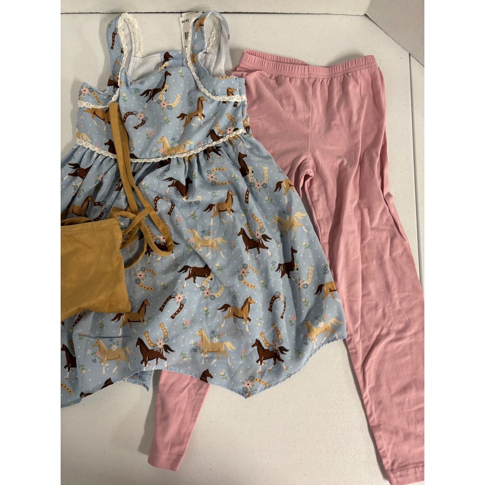 Goodlad Girls 3pc Horse Print Dress Pink Leggings Fringe Purse Set Blue Size 5Y